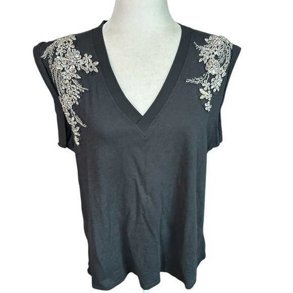 cinq a sept Tops - Cinq a Sept Black Embellished Muscle Tee